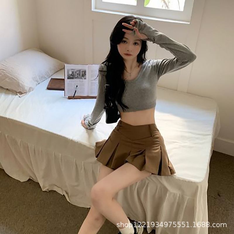 American Retro College Sports Style Low Waist V-shaped Navel-exposed Pleated Skirt Women's Summer Slim-fit A- line Short Skirt Skirt
