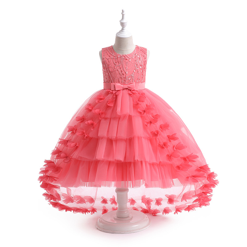 Picture of Ready Stock Kidsren's Evening Dress Girl's Fashionable Fluffy Gauze Princess Dress Flower Girl Wedding Little Girl Tail Dress European and American