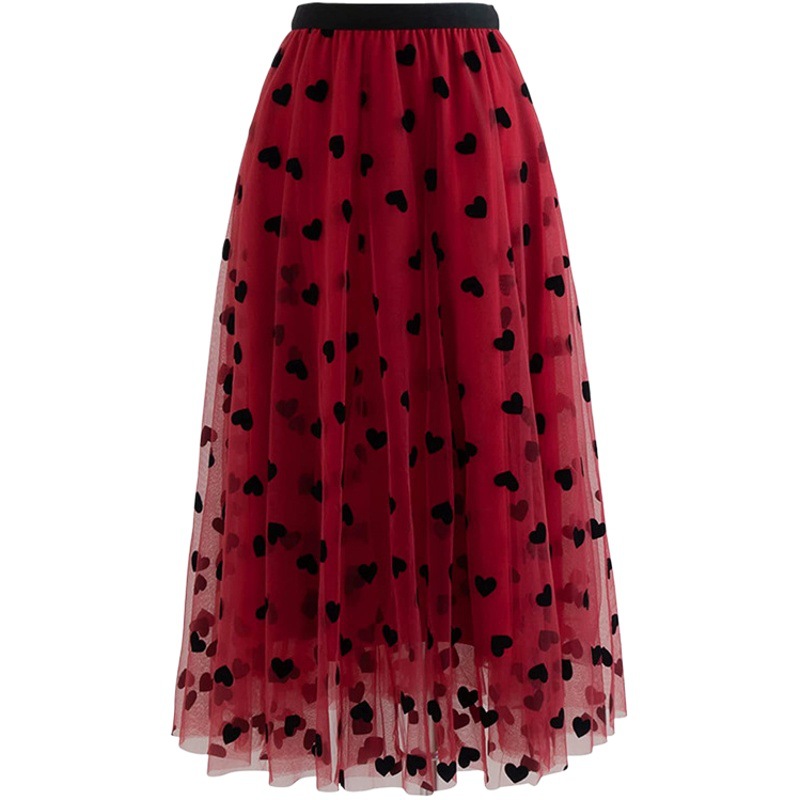 2022 Spring New Arrival French Style Retro High Waist Loving Midi Dress with Fluffy Mesh Flocking Skirt