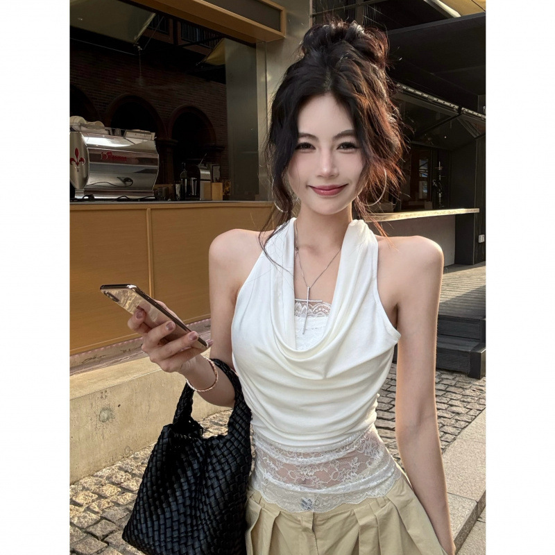 Lace Splicing Swing Collar Halterneck Vest for Women in Summer Pure Lusty Sexy Hot Girl Inner Wear White Slim Top