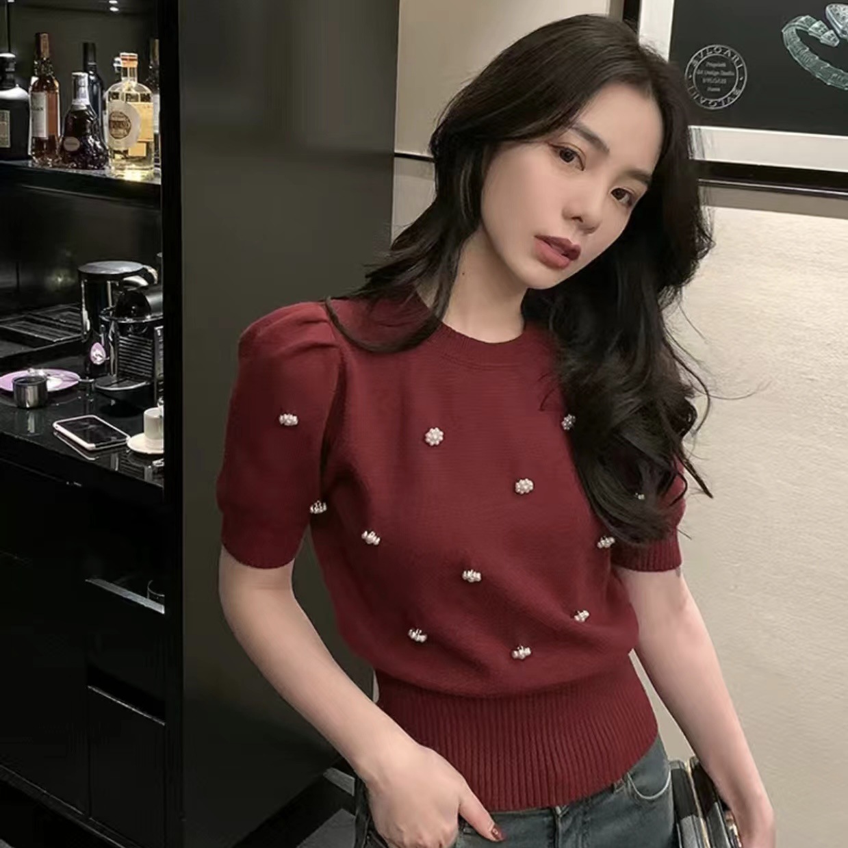 Spring New Arrival Heavy Industry Short-sleeved Sweater Korean Style Women's Loose Short Instagram Popular Internet Popular All-match Beaded Top