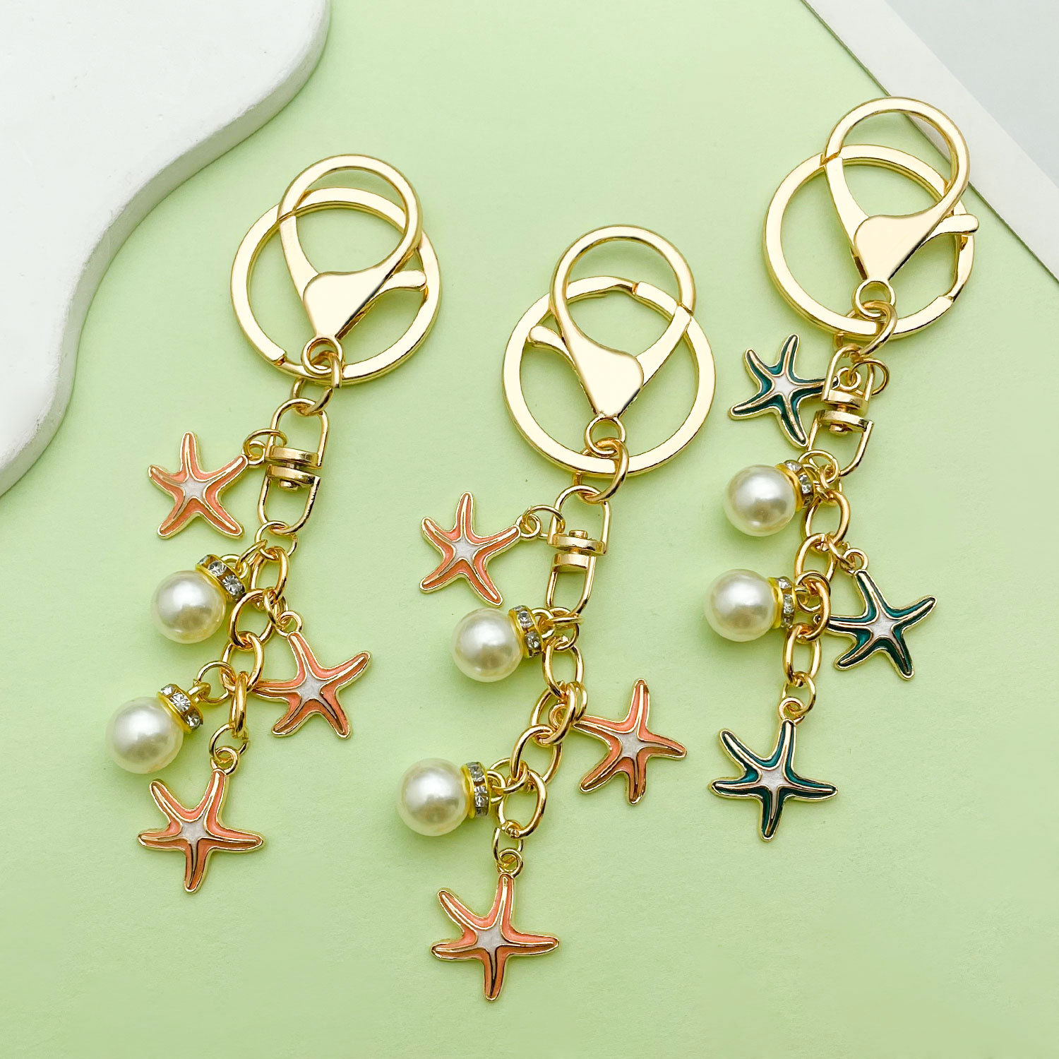Cross-Border Creative Handmade Colorful Starfish Pearl Shell Keychain School Bag Pendant Girls Gift Key Chain Pendant