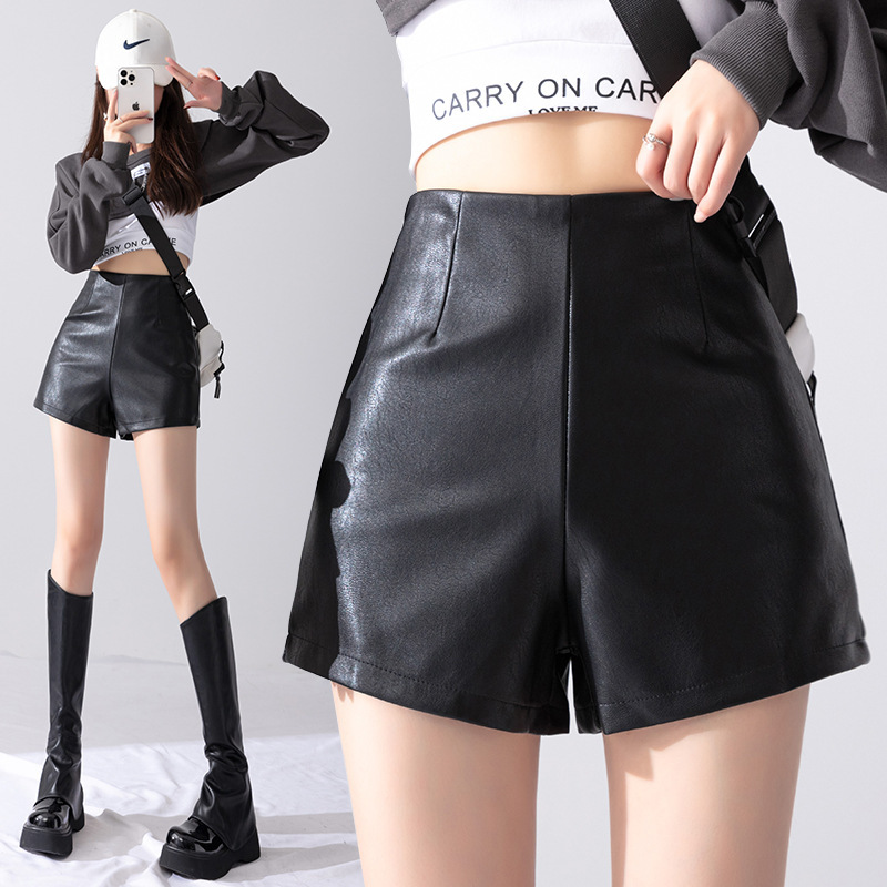 Picture of Plus size versatile tight elastic PU leather shorts women's 2023 autumn and winter fashionable high waist slimming A- line black hot pants