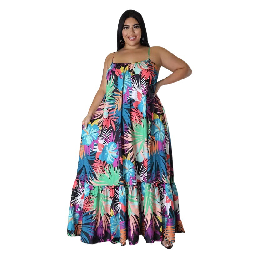 Picture of 211259 New Summer Product European and American Sexy Off-Shoulder Pleated Long Plus Size Women's Fashion Printed Suspender Dress