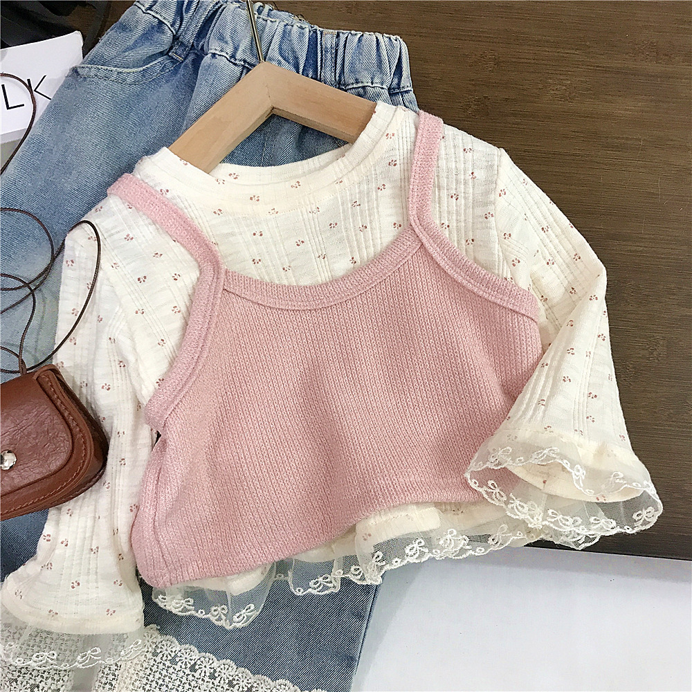 Picture of Girls' Spring 2025 New Stylish Floral Shirt Spring and Autumn Fashion Long Sleeve T-Shirt Sling Two-piece Top