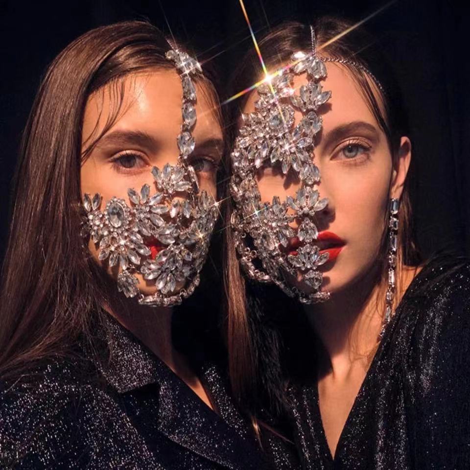 Foreign trade hot selling women's exaggerated masquerade half face mask personalized party performance zircon mask mask jewelry