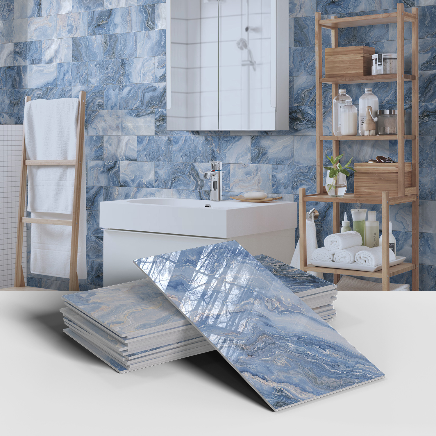Picture of Crystal Marble Tile Wall Stickers Thickened PET Waterproof Self-adhesive Wallpaper for Kitchen Living Room Wall Decoration Cross Border