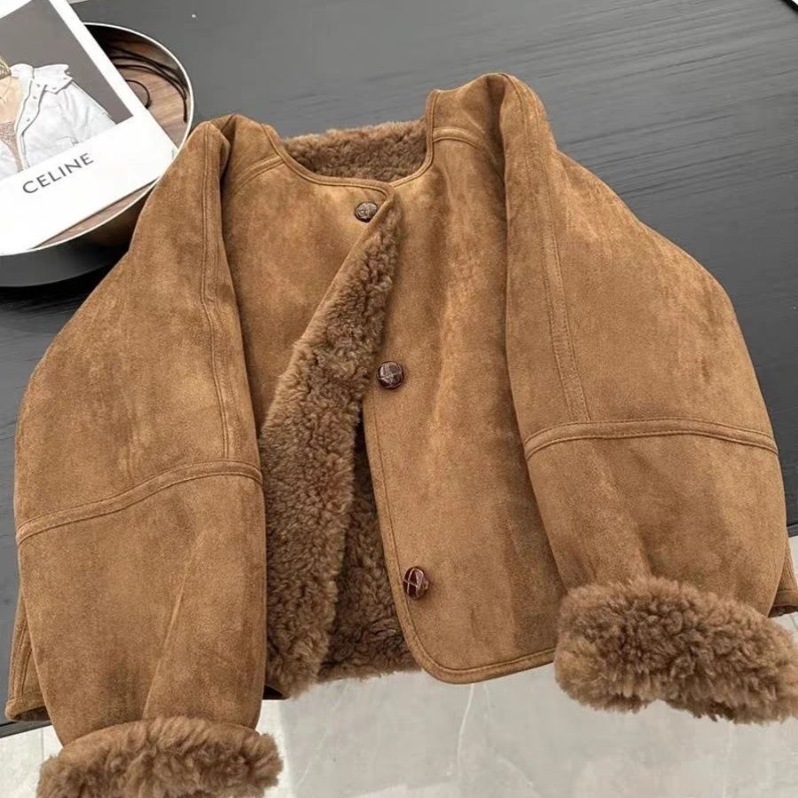 Fur One-piece Thickened Lambswool Suede Brown Jacket Coat Women's Autumn and Winter Short Korean-style Wear Top