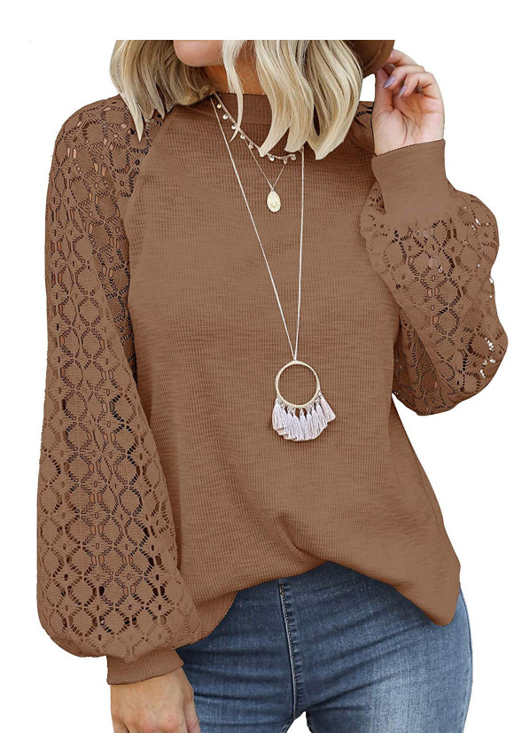 Picture of 2025 New Women's Clothing Amazon Cross-Border Round Neck Long Sleeve Lace Patchwork Loose Top for Women