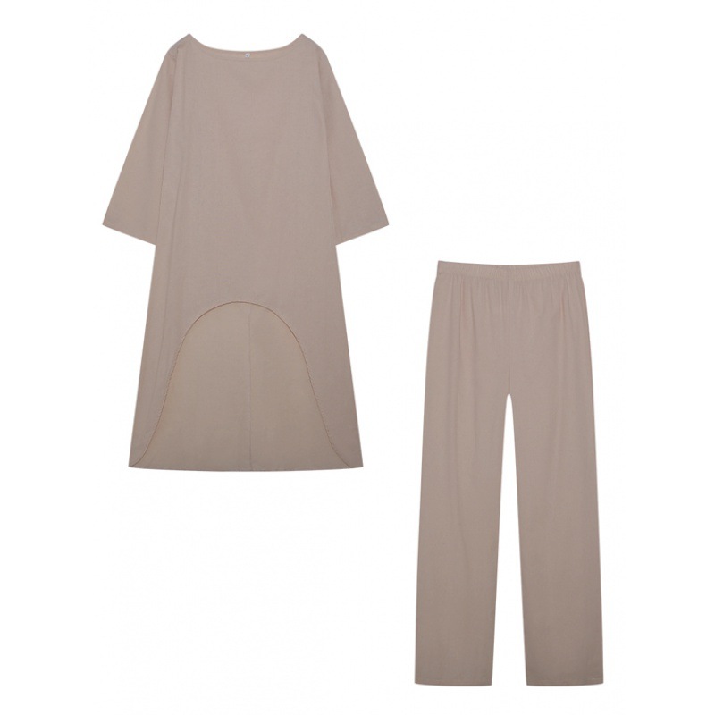 Picture of 2023 European and American New Women's Cotton and Linen Fashion Casual plus size Irregular Long-sleeved suit Wide-leg Pants Two-piece Set