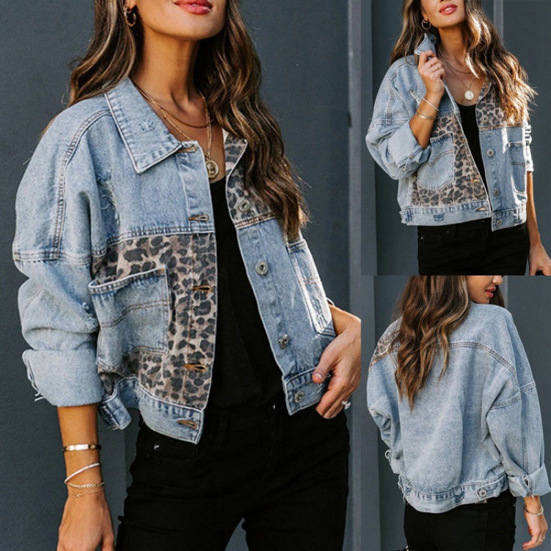 Cross-Border Autumn and Winter Amazon Denim Jacket Women's Long-Sleeved Independent Station European and American Denim Jacket Women's Leopard Print Splicing