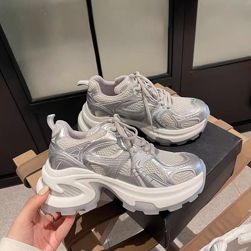 Thick-Soled Silver Daddy Shoes for Women 2025 New Breathable Mesh Heightening White Shoes Ins Trbottomy Casual Sports Shoes
