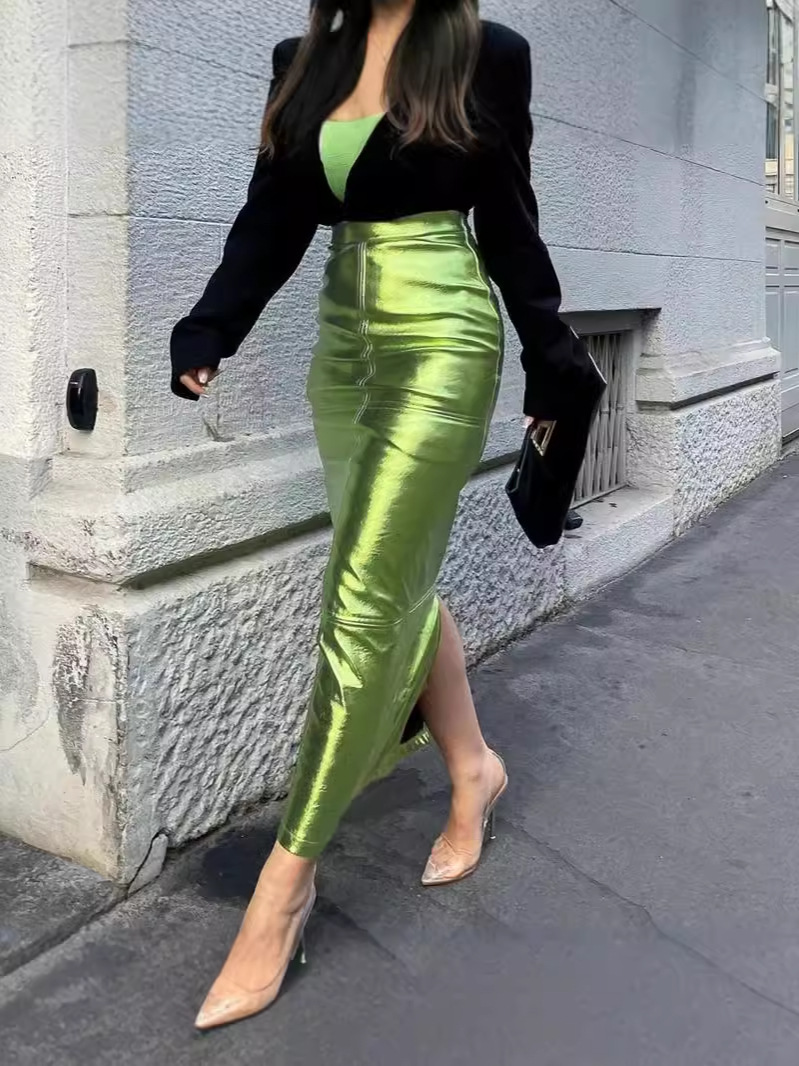 Amazon Explosions 2024 Autumn New Slim Fit Bag Hip Stitching Split PU Leather European and American Skirt Women