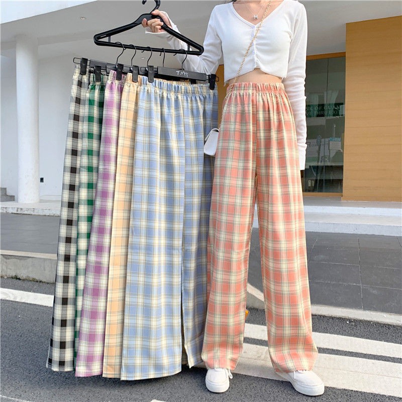 Wide Leg Pants Women's Spring and Autumn High Waist Draping Black Slimming Straight Pants Casual Small Plaid Pants Fashion Sense