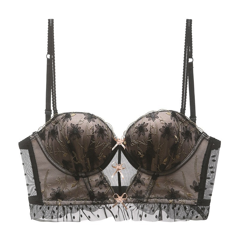 Picture of Summer Large U-shaped Beautiful Back Underwear Women's Lace Embroidered Contrast Backless Bra Small Chest Gather-up Vest Bra