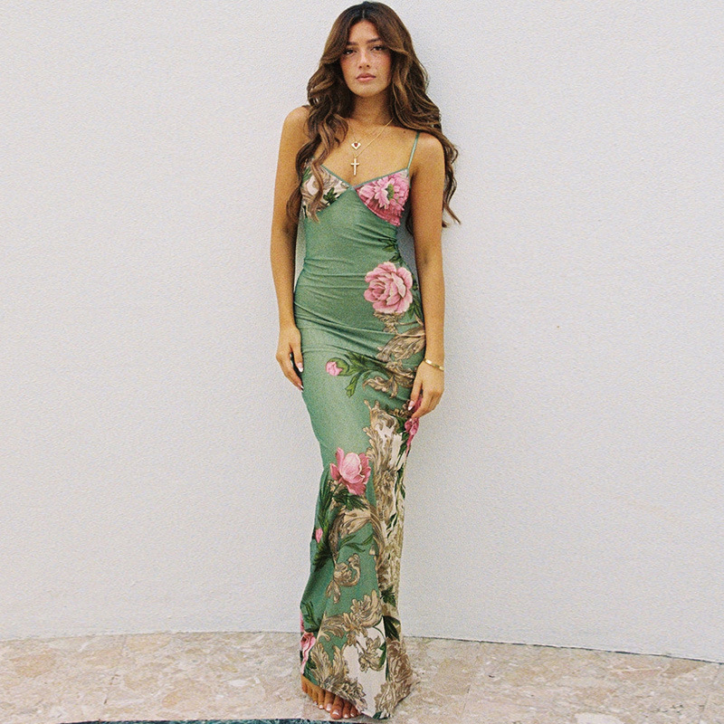 Sling V Neck Printed Sexy Slim Long Dress European and American Summer Vacation Style Hot Girl Backless Dress Women