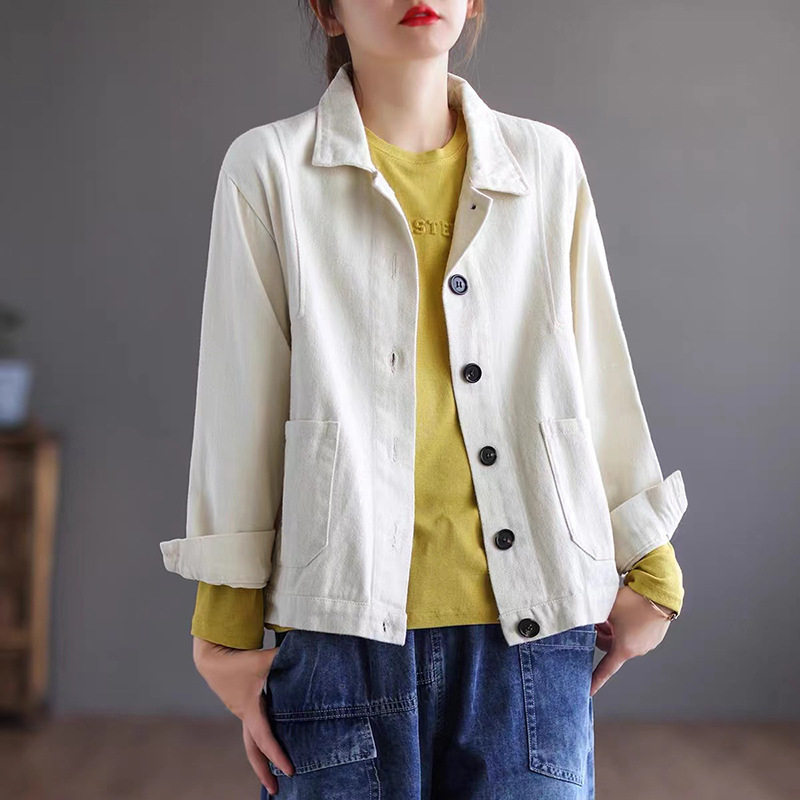 Picture of Spring and Autum New Pure Cotton Long-Sleeved Plus Size Women's Literary Retro Loose Slim Fashionable Lapel Short Jacket