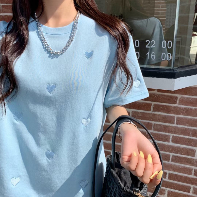 Short-sleeved T-shirt Women's 2023 Summer Dress New Style Round Neck Love Embroidered Loose Korean Top Cross-border Wholesale