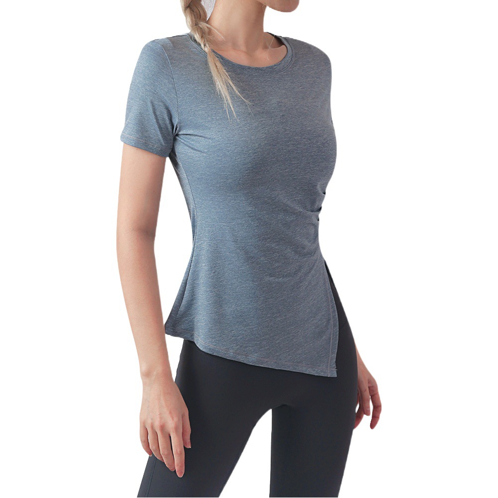 plus size Sports T-shirt Women's Elastic Breathable Round Neck Tight Split Running Fitness Quick-drying Clothes Short-sleeved Yoga Clothes for Women