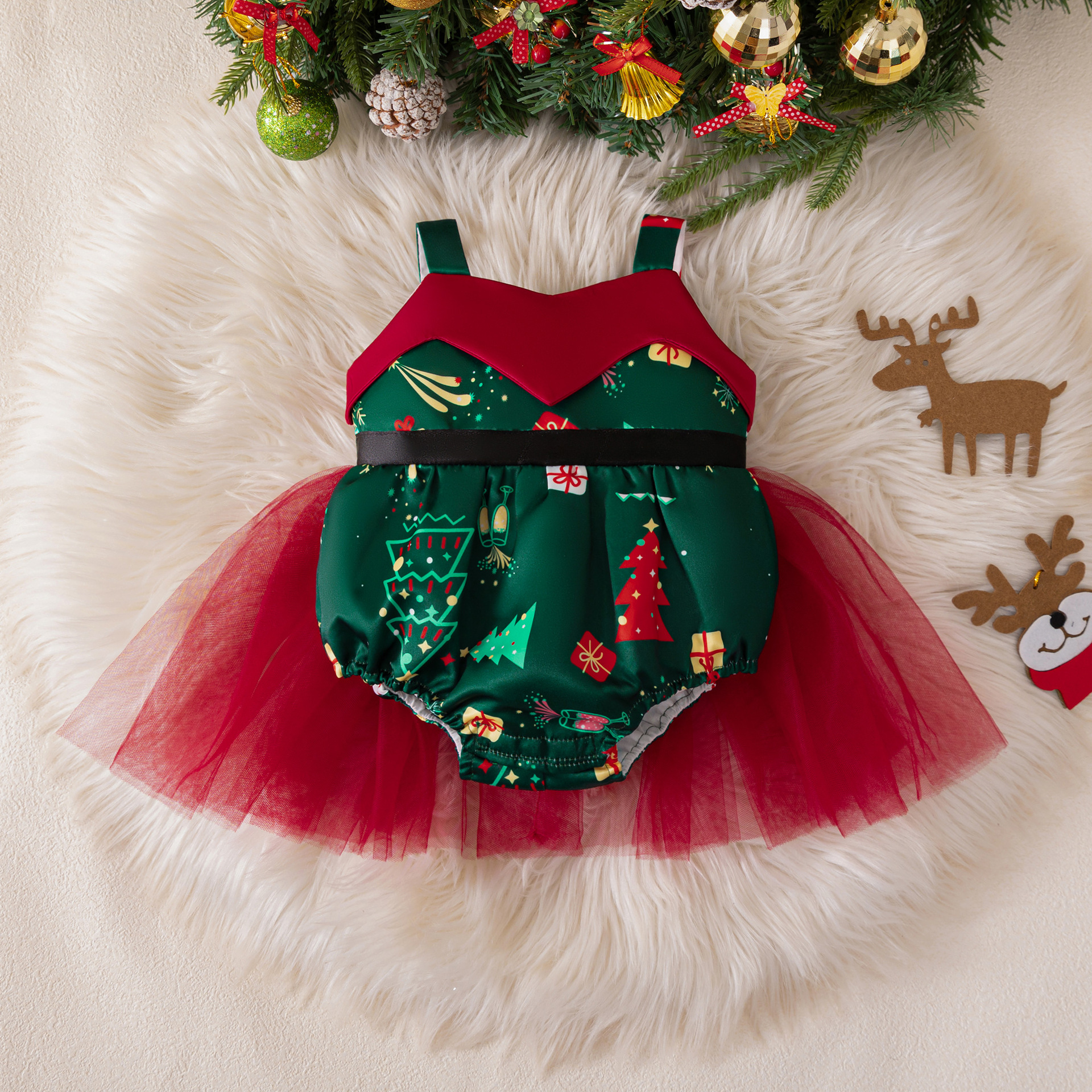 2024 New Christmas Children's Dress Baby's Birthday Party Wash Dress Sling Printed Mesh Clothes