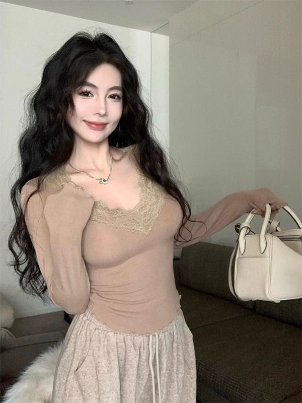 De Velvet V-neck Lace Stitching Long Sleeve T-shirt Base Shirt Women's Autumn and Winter Hot Girls Pure Want Inner Top Black Sexy