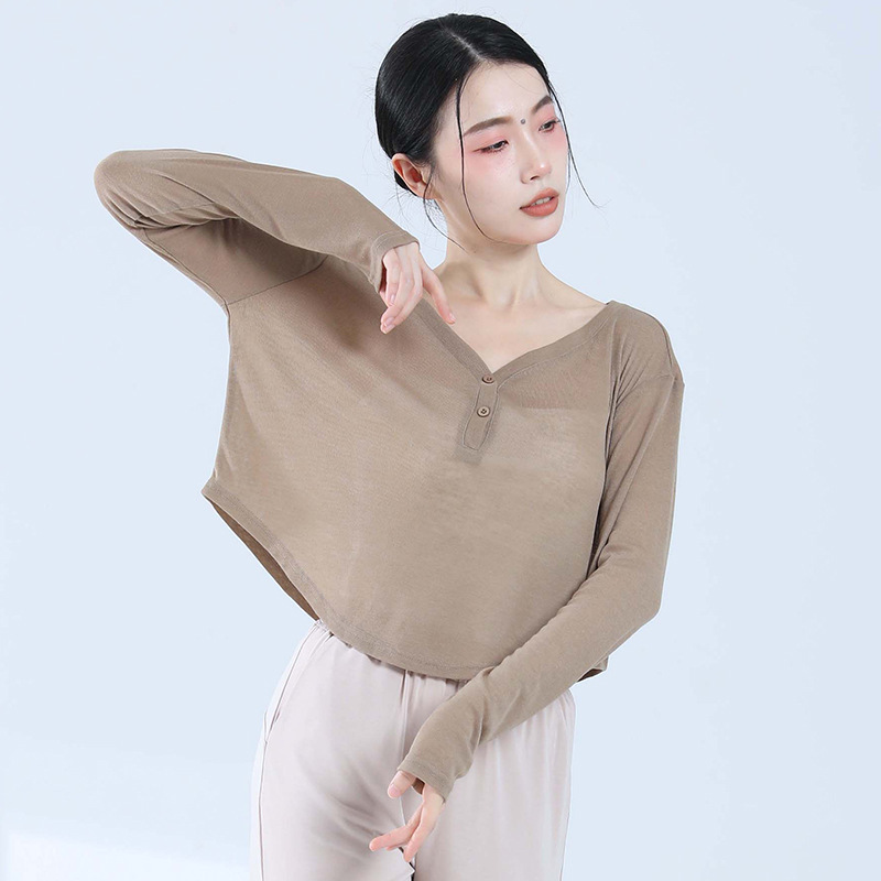 Picture of Thin V Neck Yoga Wear, Long-Sleeved Short Style, Loose-Fitting Outdoor Fitness Top, Breathable Daily Sports Blouse
