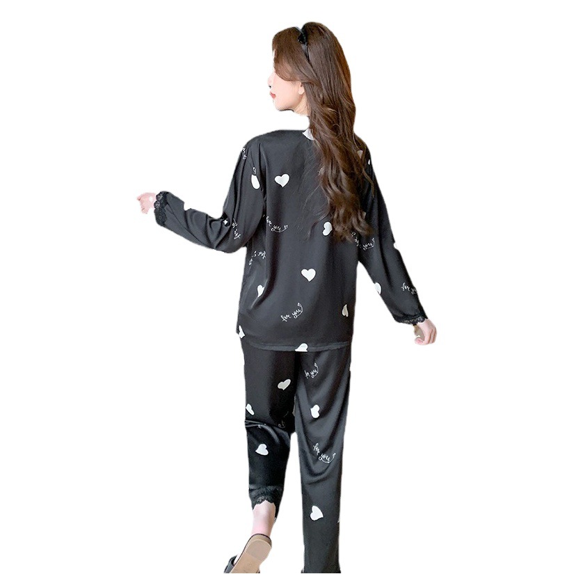 Ice Silk Pajamas Women's Spring and Autumn Long Sleeve Trousers Two-Piece New Style Women's Sweet and Cute Home Clothes 1136
