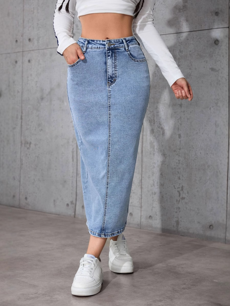 Cross-border New High Waist Slimming Mid-length Skirt Women's Denim Long Skirt plus size Split Hip One-step Skirt