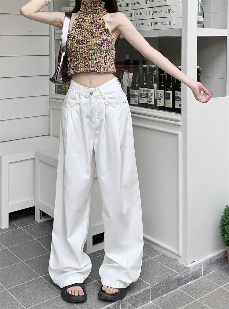 White denim trousers women's summer 2024 New High waist loose straight pants draping wide leg mopping casual pants