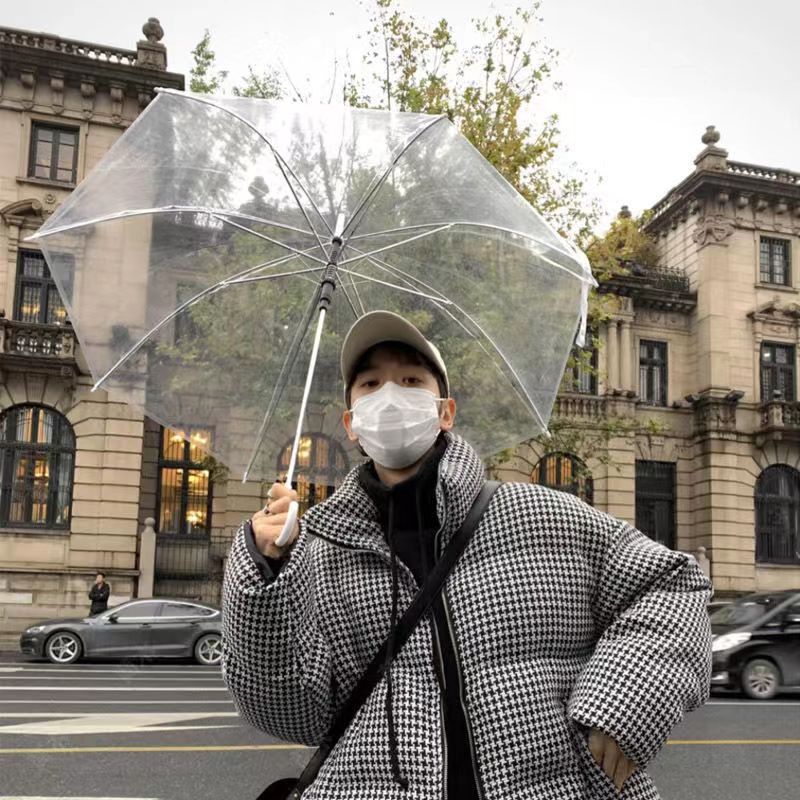 Picture of Transparent Umbrella Men and Women Internet Celebrity ins Cute Semi-automatic Straight Handle Photography Small Fresh Sunshade Sunny Umbrella Frosted Umbrella