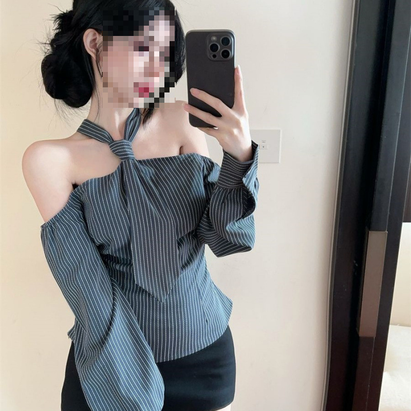 Chic European and American Niche Design Halter-Neck Long-Sleeved Shirt for Women with Straps, Sexy Off-Shoulder Stripesd Versatile Top