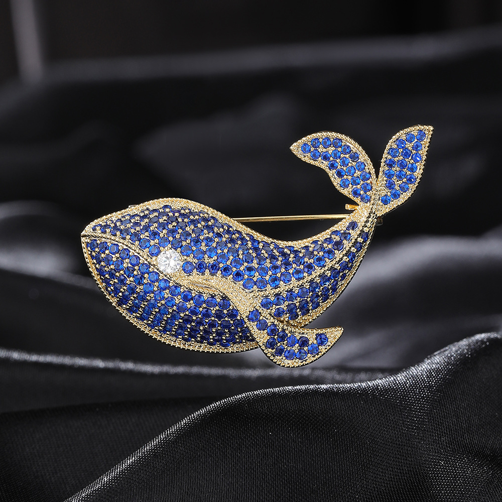 Picture of Korean-Style Copper Inlaid Diamond Fashion Elegant Blue Whale Brooch Temperament Animal Pin Collar Pin Sweater Suit Lapel Pin