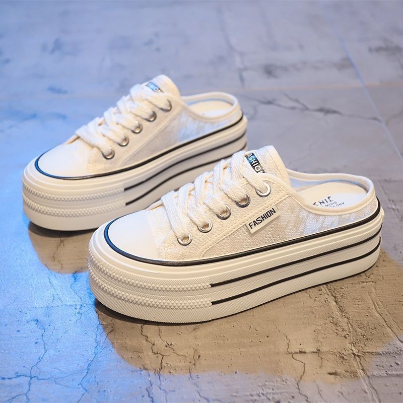 Internet Celebrity Baotou Half Slippers for Women Summer Outer Wear 2025 New Canvas Shoes Versatile Thick-Soled Sponge Cake Without Heel for Lazy People