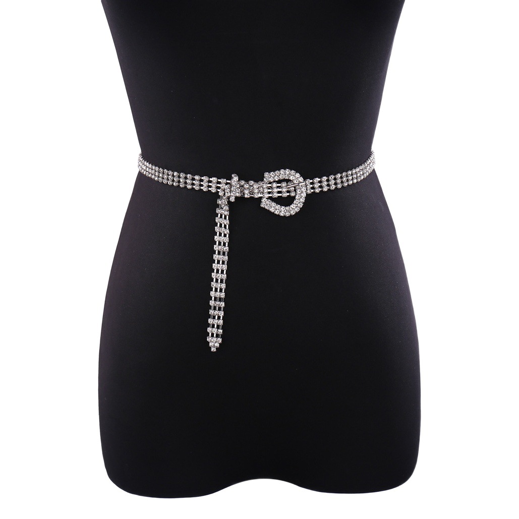 European and American New Sweet Women's Three-Row Diamond Belt Fashion All-Match Clothing Full Diamond Belt Full Diamond Waist Chain Accessories