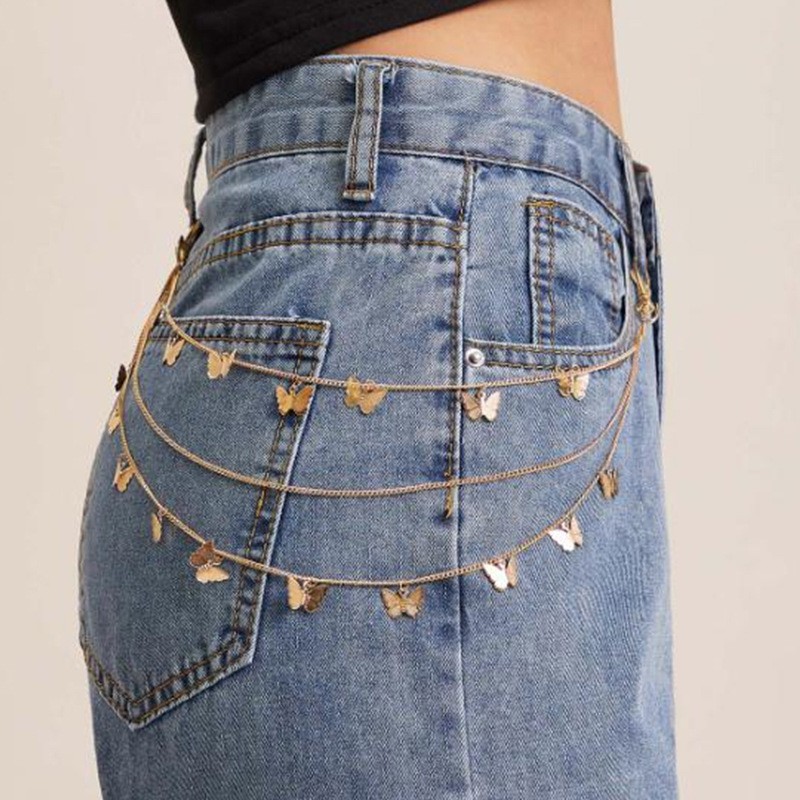 Cross-border European and American jewelry wholesale punk hip hop multi-layer butterfly pendant waist chain trendy simple body chain