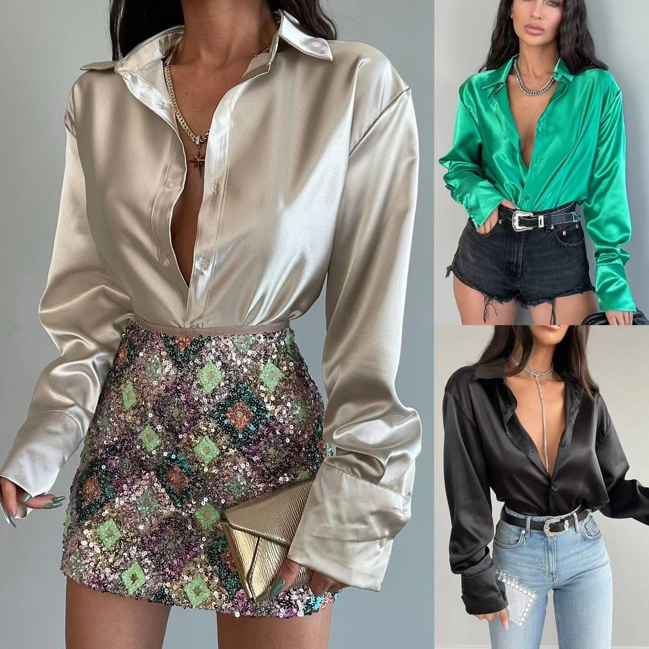 European and American cross-border Spring lapel satin single-breasted long-sleeved lapel shirt sexy professional shirt T-shirt women's wholesale