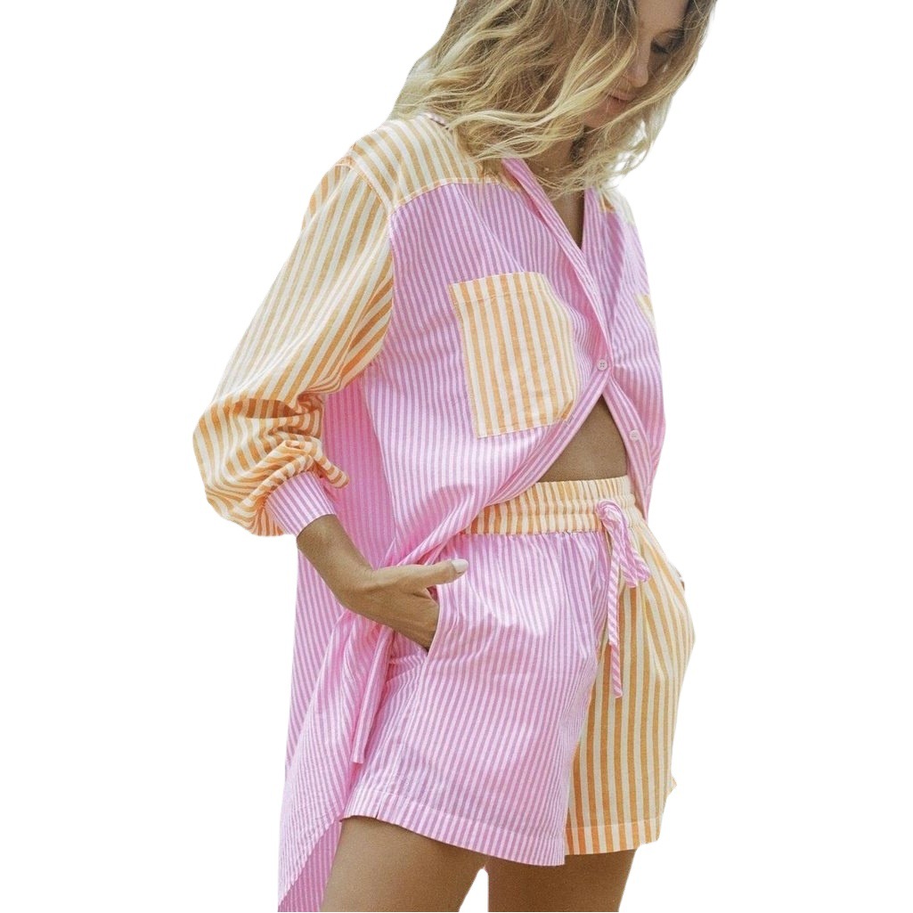 Cross-Border European and American Shirts Suit Shorts Lapel Single-Breasted Home Casual Striped Loose Pocket Women's Shirt