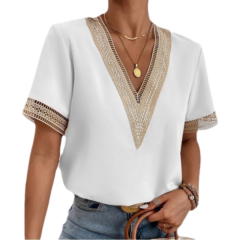 2024wish cross-border ebay Amazon Women's V-neck lace loose top temperament commuter short sleeve shirt for women