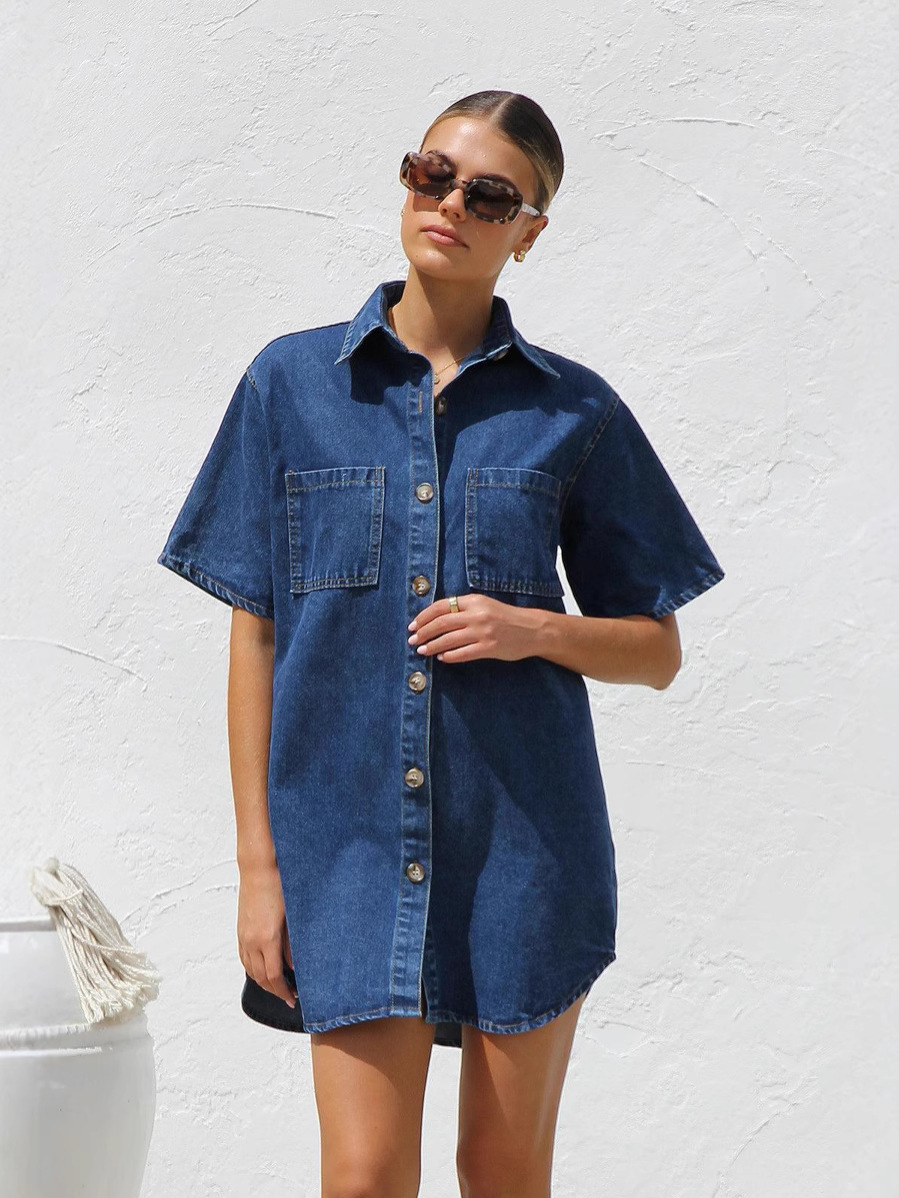 Cross-border Trade Lapel Denim Shirt Dress 2025 Summer New Mid-length Loose Single Short-sleeved dress Women