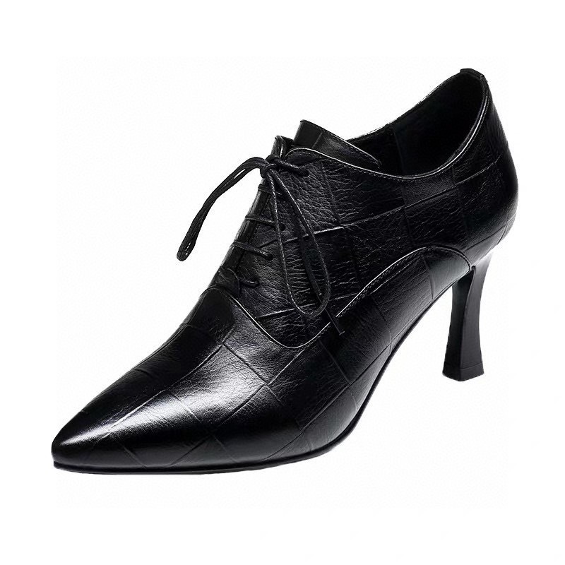 Picture of Women's Shoes 2024 Spring New Deep Mouth Single Shoes Embossed Plaid Leather Pointed Toe Fashion British Style High Heel Ankle Boots