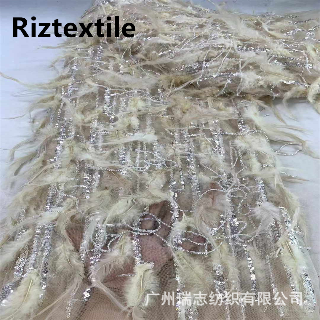 Feather Stage Tassel Clothing Design Fabric New Striped Bead Tube Stereo Perspective Mesh Sequin Lace Fabric