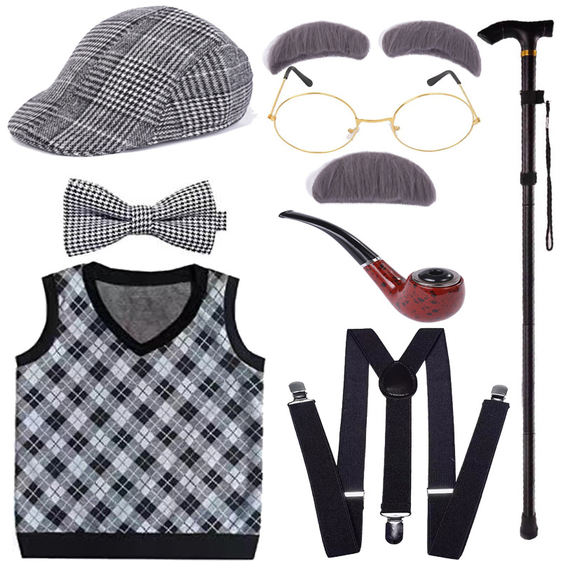 Picture of COS Old Man Dress Up Halloween Children Grandpa Vest Wig Beard Granny Children Show Wig