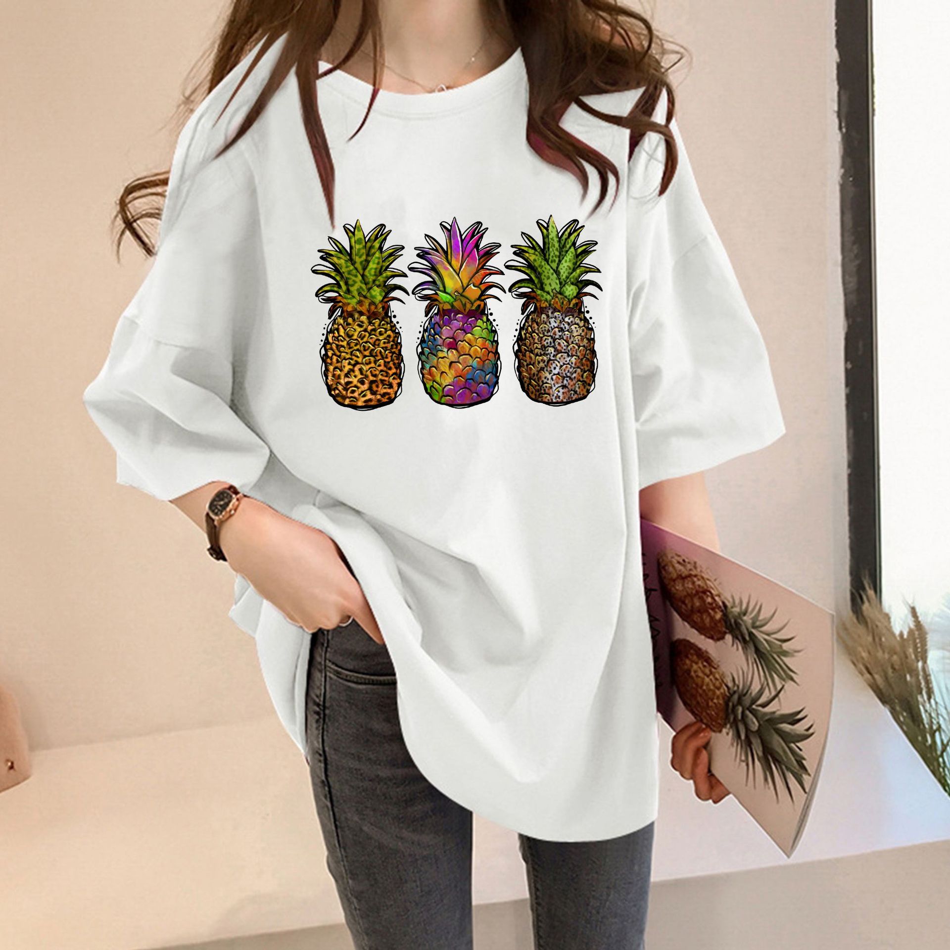 2022Wish Cross-border shirt Spring and Summer New Shoulder Sleeve Color Pineapple Pattern Women Shoulder T-shirt