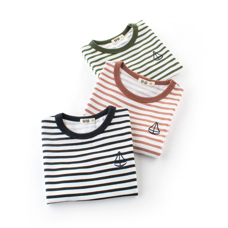 Picture of 2025 Summer New Kidsren's Stripesd T-Shirt Lycra Cotton Boys Short-Sleeved Bottoming Shirt Baby Clothes European and American Kidsren's Clothing