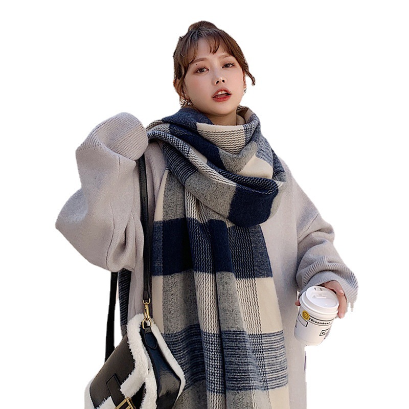 Picture of Blue Plaid Scarf for Women Winter Imitation Cashmere Korean Style Versatile Long Ins Trendy Niche High-End New Scarf