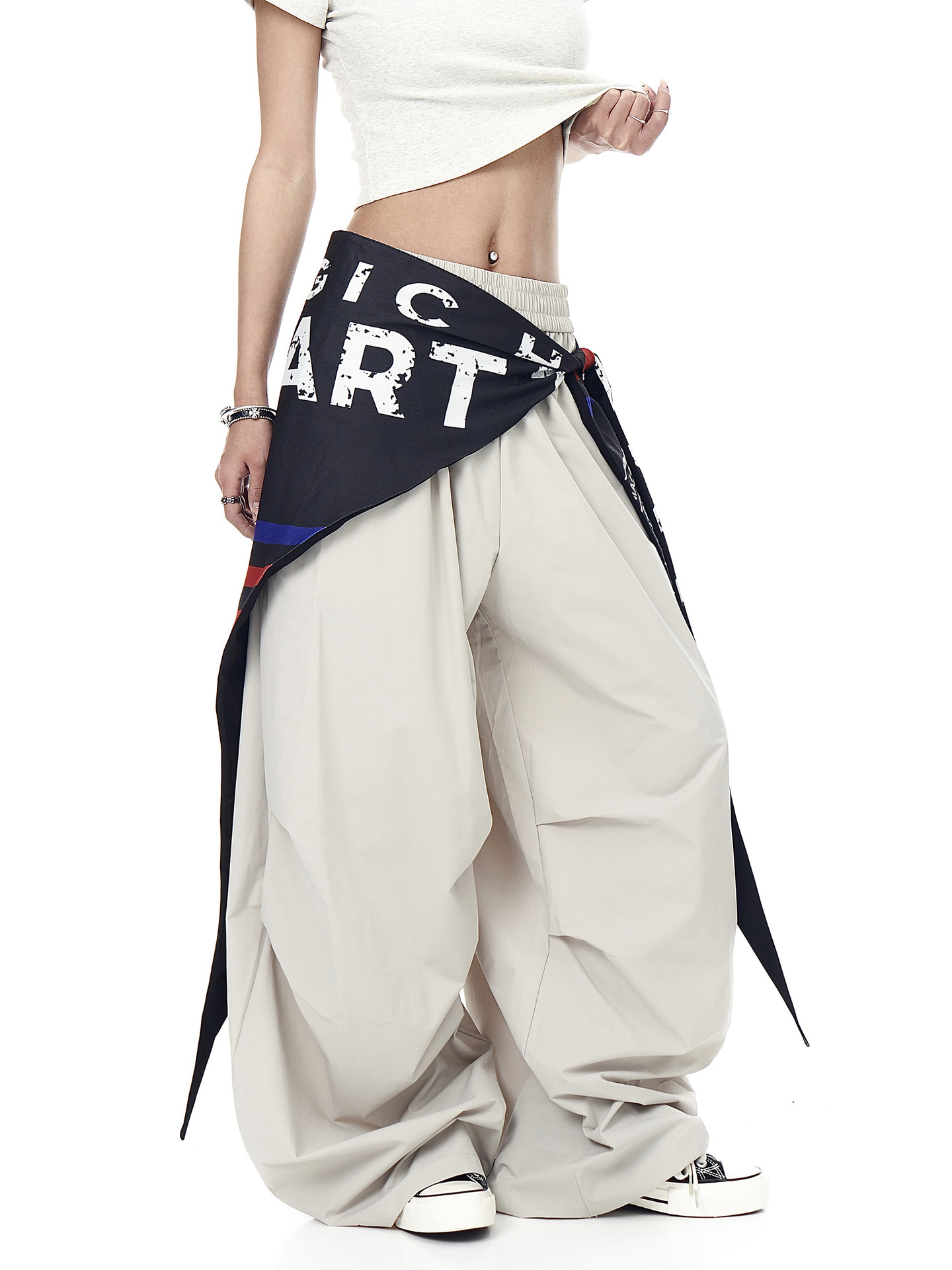 American Retro Design Detachable Cargo Parachute Pants for Women, Loose Pleated Dance Casual Wide-Leg Pants