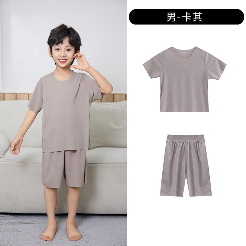 Picture of Summer New Style Boys' Short-Sleeved Loose Seamless Ice Silk Home Clothes Children's Two-Piece Set Girls' Pajamas Set Wholesale