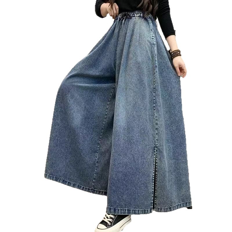 Picture of 2025 Spring/Summer New High-Waisted Split Wide-Leg Pants Retro Artistic Loose Versatile Denim Skirt Pants Casual Long Pants for Women