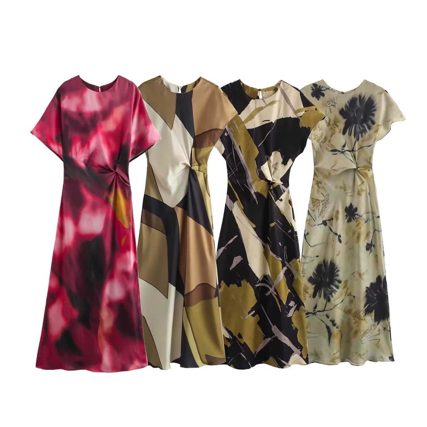Cross-Border Wholesale 24 Autum New Women's Printed Round Neck Short-Sleeved Silk Satin Textured Midi Dress 9112242