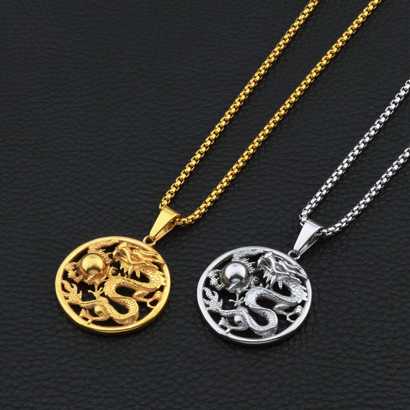 Ethnic style men's vintage necklace plate dragon playing Beads pendant dragon pattern personalized pendant long sweater chain Accessories Wholesale